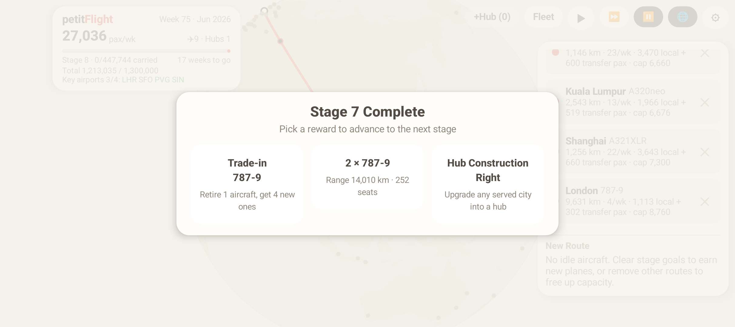 petitFlight stage complete screen with reward choices