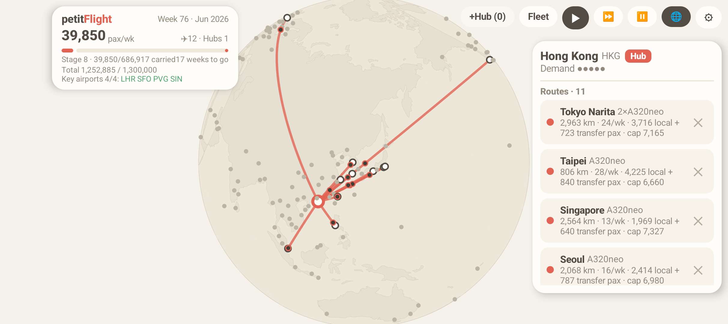 petitFlight globe view showing routes from the Hong Kong hub